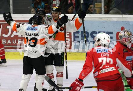 EBEL. Eishockey Bundesliga. KAC gegen	Moser Medical Graz99ers.  Torjubel Daniel Oberkofler, Ken Ograjensek  (Graz). Klagenfurt, am 5.4.2019.
Foto: Kuess

---
pressefotos, pressefotografie, kuess, qs, qspictures, sport, bild, bilder, bilddatenbank