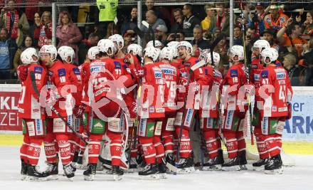 EBEL. Eishockey Bundesliga. KAC gegen	Moser Medical Graz99ers.  Jubel KAC. Klagenfurt, am 5.4.2019.
Foto: Kuess

---
pressefotos, pressefotografie, kuess, qs, qspictures, sport, bild, bilder, bilddatenbank