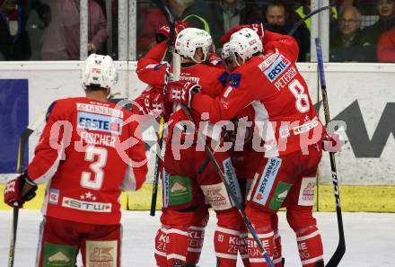 EBEL. Eishockey Bundesliga. KAC gegen	Moser Medical Graz99ers. Torjubel Thomas Koch, Andrew Jacob Kozek, Nicholas Eric Petersen, David Joseph Fischer (KAC). Klagenfurt, am 5.4.2019.
Foto: Kuess

---
pressefotos, pressefotografie, kuess, qs, qspictures, sport, bild, bilder, bilddatenbank
