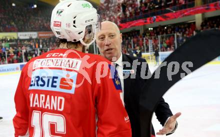 EBEL. Eishockey Bundesliga. KAC gegen	Moser Medical Graz99ers. Patrick Harand, Trainer Doug Mason (KAC). Klagenfurt, am 5.4.2019.
Foto: Kuess

---
pressefotos, pressefotografie, kuess, qs, qspictures, sport, bild, bilder, bilddatenbank