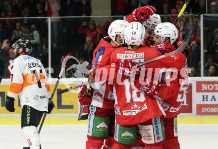 EBEL. Eishockey Bundesliga. KAC gegen	Moser Medical Graz99ers.  Torjubel Thomas Koch, Nicholas Eric Petersen, Andrew Jacob Kozek, Matthew Neal (KAC). Klagenfurt, am 5.4.2019.
Foto: Kuess

---
pressefotos, pressefotografie, kuess, qs, qspictures, sport, bild, bilder, bilddatenbank