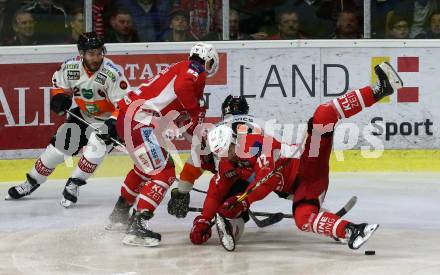 EBEL. Eishockey Bundesliga. KAC gegen	Moser Medical Graz99ers. Siim Liivik, Clemens Unterweger,  (KAC), Dwight King, Zintis Nauris Zusevics (Graz). Klagenfurt, am 5.4.2019.
Foto: Kuess

---
pressefotos, pressefotografie, kuess, qs, qspictures, sport, bild, bilder, bilddatenbank