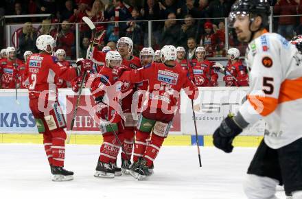 EBEL. Eishockey Bundesliga. KAC gegen	Moser Medical Graz99ers. Torjubel David Joseph Fischer, Thomas Koch, Nicholas Eric Petersen, Andrew Jacob Kozek, Matthew Neal (KAC). Klagenfurt, am 5.4.2019.
Foto: Kuess

---
pressefotos, pressefotografie, kuess, qs, qspictures, sport, bild, bilder, bilddatenbank