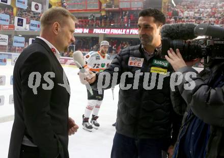 EBEL. Eishockey Bundesliga. KAC gegen	Moser Medical Graz99ers. Trainer Petri Matikainen, Gert Prohaska (KAC). Klagenfurt, am 5.4.2019.
Foto: Kuess

---
pressefotos, pressefotografie, kuess, qs, qspictures, sport, bild, bilder, bilddatenbank
