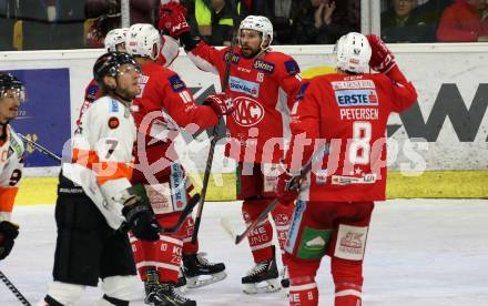 EBEL. Eishockey Bundesliga. KAC gegen	Moser Medical Graz99ers. Torjubel Thomas Koch, Andrew Jacob Kozek, Nicholas Eric Petersen (KAC). Klagenfurt, am 5.4.2019.
Foto: Kuess

---
pressefotos, pressefotografie, kuess, qs, qspictures, sport, bild, bilder, bilddatenbank