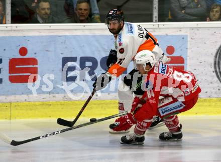 EBEL. Eishockey Bundesliga. KAC gegen	Moser Medical Graz99ers. Ramon Schnetzer,  (KAC), Travis Oleksuk (Graz). Klagenfurt, am 5.4.2019.
Foto: Kuess

---
pressefotos, pressefotografie, kuess, qs, qspictures, sport, bild, bilder, bilddatenbank