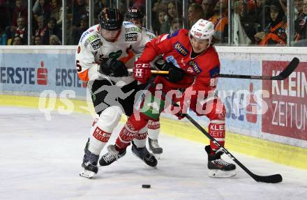 EBEL. Eishockey Bundesliga. KAC gegen	Moser Medical Graz99ers. Nikolaus Kraus,  (KAC), Robin Jakobsson (Graz). Klagenfurt, am 5.4.2019.
Foto: Kuess

---
pressefotos, pressefotografie, kuess, qs, qspictures, sport, bild, bilder, bilddatenbank