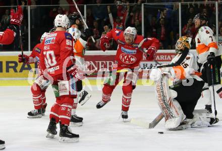 EBEL. Eishockey Bundesliga. KAC gegen	Moser Medical Graz99ers. Torjubel Matthew Neal, Nicholas Eric Petersen (KAC). Klagenfurt, am 5.4.2019.
Foto: Kuess

---
pressefotos, pressefotografie, kuess, qs, qspictures, sport, bild, bilder, bilddatenbank