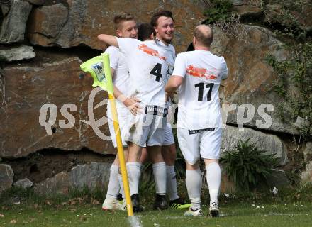 Fussball 1. Klasse A. Doelsach gegen Hermagor.  Torjubel Dominic Mattersberger, Marcus Neunhaeuserer, Philipp Hochegger, Andreas Wenger (Doelsach). Doelsach, am 6.4.2019.
Foto: Kuess
---
pressefotos, pressefotografie, kuess, qs, qspictures, sport, bild, bilder, bilddatenbank