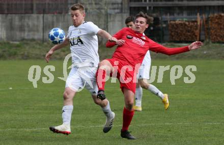 Fussball 1. Klasse A. Doelsach gegen Hermagor. Dominic Mattersberger,  (Doelsach), Markus Regatschnig (Hermagor). Doelsach, am 6.4.2019.
Foto: Kuess
---
pressefotos, pressefotografie, kuess, qs, qspictures, sport, bild, bilder, bilddatenbank