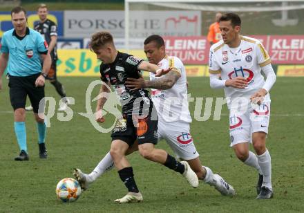 Fussball tipico Bundesliga. RZ Pellets WAC gegen FK Austria Wien.  Romano Christian Schmid (WAC),  Igor Julio Dos Santos De Paulo  (Wien). Wolfsberg, am 14.4.2019.
Foto: Kuess

---
pressefotos, pressefotografie, kuess, qs, qspictures, sport, bild, bilder, bilddatenbank
