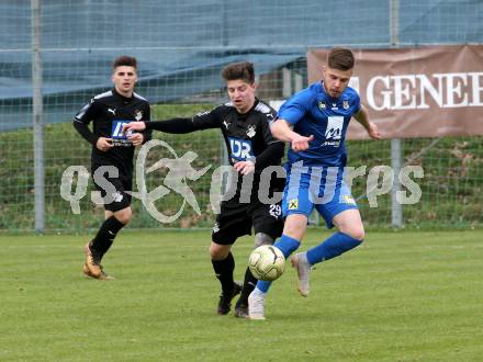 Fussball. Kaerntner Liga. Bleiburg gegen Matrei. Christopher Anton Lobnig  (Bleiburg), Moritz Mair (Matrei). Bleiburg, 13.4.2019.
Foto: Kuess 
---
pressefotos, pressefotografie, kuess, qs, qspictures, sport, bild, bilder, bilddatenbank
