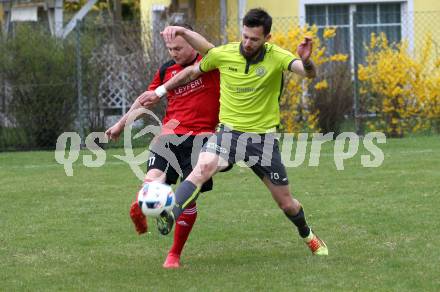 Fussball. Kaerntner Liga. Lind gegen SK Maria Saal. Peter Stojanovic  (Lind),  Zoran Jorgic (SK Maria Saal). Bleiburg, 13.4.2019.
Foto: Kuess 
---
pressefotos, pressefotografie, kuess, qs, qspictures, sport, bild, bilder, bilddatenbank