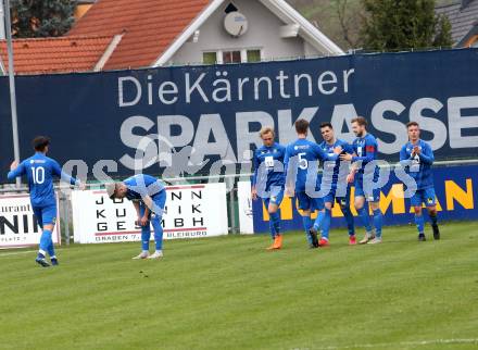 Fussball. Kaerntner Liga. Bleiburg gegen Matrei.  Torjubel Rene Scheiber (Matrei). Bleiburg, 13.4.2019.
Foto: Kuess 
---
pressefotos, pressefotografie, kuess, qs, qspictures, sport, bild, bilder, bilddatenbank