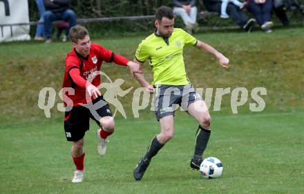 Fussball. Kaerntner Liga. Lind gegen SK Maria Saal.  Marco Ebner (Lind), Marco Raunegger (SK Maria Saal). Bleiburg, 13.4.2019.
Foto: Kuess 
---
pressefotos, pressefotografie, kuess, qs, qspictures, sport, bild, bilder, bilddatenbank