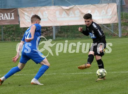 Fussball. Kaerntner Liga. Bleiburg gegen Matrei.  Adnan Fajic (Bleiburg),  Moritz Mair (Matrei). Bleiburg, 13.4.2019.
Foto: Kuess 
---
pressefotos, pressefotografie, kuess, qs, qspictures, sport, bild, bilder, bilddatenbank