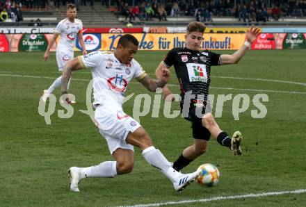 Fussball tipico Bundesliga. RZ Pellets WAC gegen FK Austria Wien.  Romano Christian Schmid (WAC),  Igor Julio Dos Santos De Paulo  (Wien). Wolfsberg, am 14.4.2019.
Foto: Kuess

---
pressefotos, pressefotografie, kuess, qs, qspictures, sport, bild, bilder, bilddatenbank