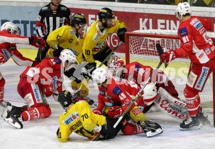 EBEL. Eishockey Bundesliga. KAC gegen	spusu Vienna Capitals. Adam Comrie, Johannes Bischofberger, Lars Haugen, Marco Richter,  (KAC), Benjamin Nissner, Emilio Romig, Marc-Andre Dorion (Vienna Capitals). Klagenfurt, am 16.4.2019.
Foto: Kuess

---
pressefotos, pressefotografie, kuess, qs, qspictures, sport, bild, bilder, bilddatenbank