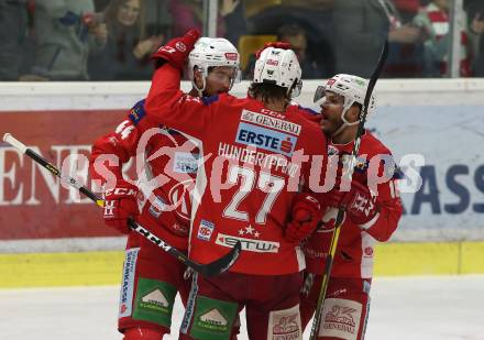 EBEL. Eishockey Bundesliga. KAC gegen	spusu Vienna Capitals. Torjubel Adam Comrie, Thomas Hundertpfund, Stefan Geier (KAC). Klagenfurt, am 16.4.2019.
Foto: Kuess

---
pressefotos, pressefotografie, kuess, qs, qspictures, sport, bild, bilder, bilddatenbank