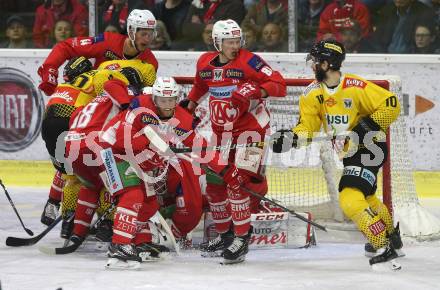 EBEL. Eishockey Bundesliga. KAC gegen	spusu Vienna Capitals. Johannes Bischofberger, Daniel Obersteiner, Marco Richter, Adam Comrie, (KAC),  Marc-Andre Dorion, Julian Grosslercher  (Vienna Capitals). Klagenfurt, am 16.4.2019.
Foto: Kuess

---
pressefotos, pressefotografie, kuess, qs, qspictures, sport, bild, bilder, bilddatenbank