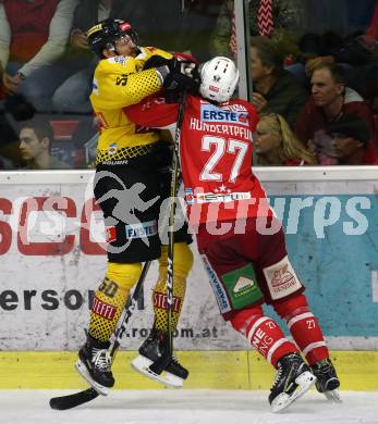 EBEL. Eishockey Bundesliga. KAC gegen	spusu Vienna Capitals. Thomas Hundertpfund,  (KAC), Mario Fischer (Vienna Capitals). Klagenfurt, am 16.4.2019.
Foto: Kuess

---
pressefotos, pressefotografie, kuess, qs, qspictures, sport, bild, bilder, bilddatenbank
