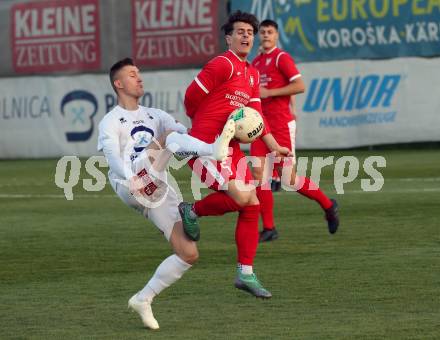 Fussball Kaerntner Liga. SAK gegen ATUS Ferlach.  Jurinic Andrej, (SAK),   Christopher Katschnig  (Ferlach). Klagenfurt, am 18.4.2019.
Foto: Kuess
---
pressefotos, pressefotografie, kuess, qs, qspictures, sport, bild, bilder, bilddatenbank