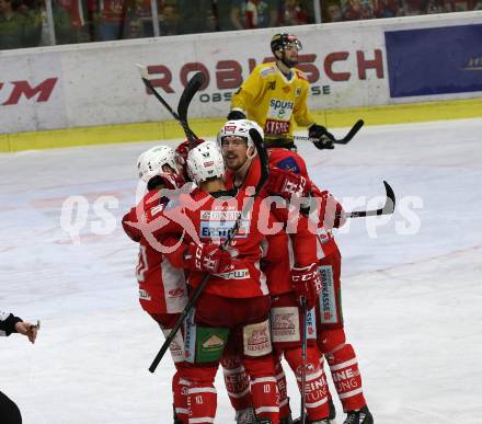 EBEL. Eishockey Bundesliga. KAC gegen	spusu Vienna Capitals. Torjubel Petersen Nicholas Eric, Kozek Andrew Jacob, Neal Matthew, Fischer David Joseph, Koch Thomas (KAC). Klagenfurt, am 20.4.2019.
Foto: Kuess

---
pressefotos, pressefotografie, kuess, qs, qspictures, sport, bild, bilder, bilddatenbank