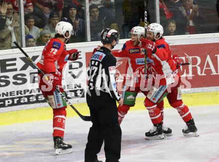EBEL. Eishockey Bundesliga. KAC gegen	spusu Vienna Capitals. Torjubel Bischofberger Johannes, Witting Marcel,	Liivik Siim,  (KAC). Klagenfurt, am 20.4.2019.
Foto: Kuess

---
pressefotos, pressefotografie, kuess, qs, qspictures, sport, bild, bilder, bilddatenbank