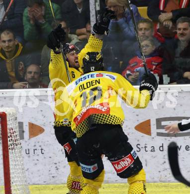 EBEL. Eishockey Bundesliga. KAC gegen	spusu Vienna Capitals. Torjubel Rafael Rotter, Sondre Olden  (Vienna Capitals). Klagenfurt, am 24.4.2019.
Foto: Kuess

---
pressefotos, pressefotografie, kuess, qs, qspictures, sport, bild, bilder, bilddatenbank