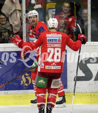 EBEL. Eishockey Bundesliga. KAC gegen	spusu Vienna Capitals. Torjubel Nicholas Eric Petersen, Martin Schumnig (KAC). Klagenfurt, am 24.4.2019.
Foto: Kuess

---
pressefotos, pressefotografie, kuess, qs, qspictures, sport, bild, bilder, bilddatenbank