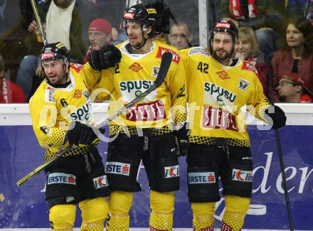 EBEL. Eishockey Bundesliga. KAC gegen	spusu Vienna Capitals.  Torjubel Rafael Rotter, Sondre Olden, Alex Wall  (Vienna Capitals). Klagenfurt, am 24.4.2019.
Foto: Kuess

---
pressefotos, pressefotografie, kuess, qs, qspictures, sport, bild, bilder, bilddatenbank