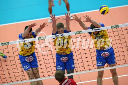Volleyball. AVL Finale. SK Posojilnica Aich/Dob gegen SG Union Raiffeisen Waldviertel. Matej Mihajlovic, Matej Koek, Nicolai Grabmueller (Aich/Dob). Bleiburg, 24.4.2019.
Foto: Kuess
---
pressefotos, pressefotografie, kuess, qs, qspictures, sport, bild, bilder, bilddatenbank