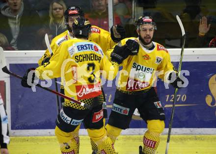 EBEL. Eishockey Bundesliga. KAC gegen	spusu Vienna Capitals.  Torjubel Christopher Desousa, Taylor Vause, Peter Schneider  (Vienna Capitals). Klagenfurt, am 24.4.2019.
Foto: Kuess

---
pressefotos, pressefotografie, kuess, qs, qspictures, sport, bild, bilder, bilddatenbank