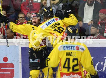 EBEL. Eishockey Bundesliga. KAC gegen	spusu Vienna Capitals.  Torjubel Rafael Rotter, Sondre Olden, Alex Wall (Vienna Capitals). Klagenfurt, am 24.4.2019.
Foto: Kuess

---
pressefotos, pressefotografie, kuess, qs, qspictures, sport, bild, bilder, bilddatenbank