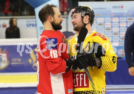 EBEL. Eishockey Bundesliga. KAC gegen	spusu Vienna Capitals.  Thomas Koch, (KAC), Rafael Rotter  (Vienna Capitals). Klagenfurt, am 24.4.2019.
Foto: Kuess

---
pressefotos, pressefotografie, kuess, qs, qspictures, sport, bild, bilder, bilddatenbank