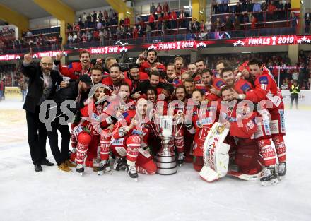 EBEL. Eishockey Bundesliga. KAC gegen	spusu Vienna Capitals. Meisterjubel (KAC). Klagenfurt, am 24.4.2019.
Foto: Kuess

---
pressefotos, pressefotografie, kuess, qs, qspictures, sport, bild, bilder, bilddatenbank