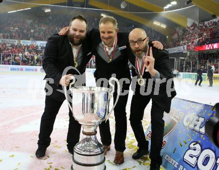EBEL. Eishockey Bundesliga. KAC gegen	spusu Vienna Capitals. Meisterjubel Petri Matikainen, Jarno Mensonen, Jarno Mensonen (KAC). Klagenfurt, am 24.4.2019.
Foto: Kuess

---
pressefotos, pressefotografie, kuess, qs, qspictures, sport, bild, bilder, bilddatenbank