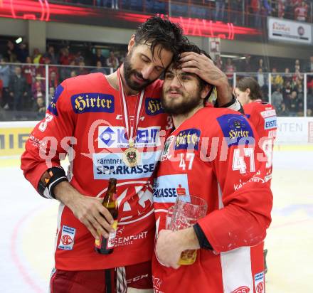 EBEL. Eishockey Bundesliga. KAC gegen	spusu Vienna Capitals. Meisterjubel  David Joseph Fischer, Marcel Witting (KAC). Klagenfurt, am 24.4.2019.
Foto: Kuess

---
pressefotos, pressefotografie, kuess, qs, qspictures, sport, bild, bilder, bilddatenbank