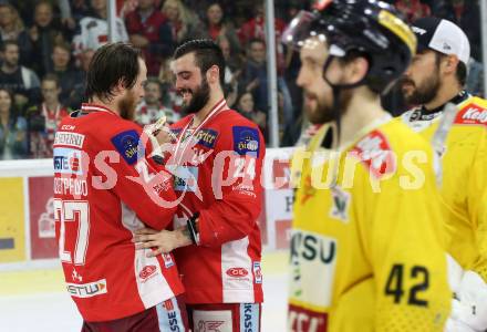 EBEL. Eishockey Bundesliga. KAC gegen	spusu Vienna Capitals. Meisterjubel  Thomas Hundertpfund, Steven Strong (KAC). Klagenfurt, am 24.4.2019.
Foto: Kuess

---
pressefotos, pressefotografie, kuess, qs, qspictures, sport, bild, bilder, bilddatenbank