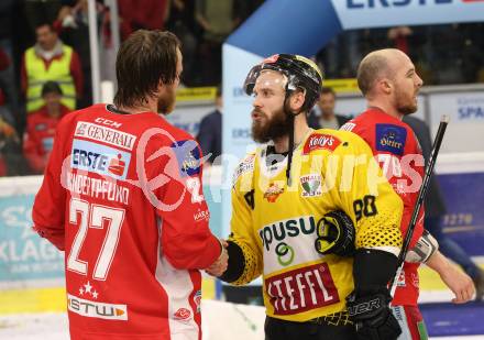EBEL. Eishockey Bundesliga. KAC gegen	spusu Vienna Capitals. Thomas Hundertpfund, (KAC), Kelsey Tessier  (Vienna Capitals). Klagenfurt, am 24.4.2019.
Foto: Kuess

---
pressefotos, pressefotografie, kuess, qs, qspictures, sport, bild, bilder, bilddatenbank