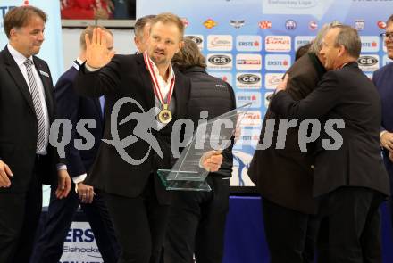 EBEL. Eishockey Bundesliga. KAC gegen	spusu Vienna Capitals. Meisterjubel  Trainer Petri Matikainen (KAC). Klagenfurt, am 24.4.2019.
Foto: Kuess

---
pressefotos, pressefotografie, kuess, qs, qspictures, sport, bild, bilder, bilddatenbank