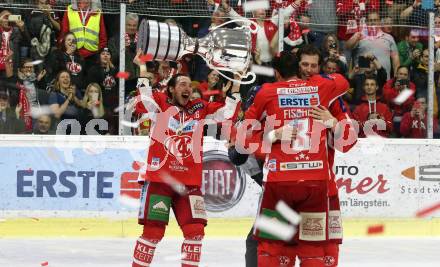 EBEL. Eishockey Bundesliga. KAC gegen	spusu Vienna Capitals. Meisterjubel Patrick Harand, David Joseph Fischer,  (KAC). Klagenfurt, am 24.4.2019.
Foto: Kuess

---
pressefotos, pressefotografie, kuess, qs, qspictures, sport, bild, bilder, bilddatenbank