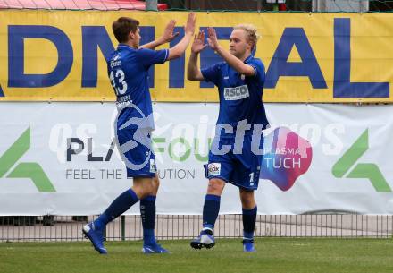 Fussball Kaerntner Liga. SAK gegen ATSV Wolfsberg. Torjubel Thomas Heine, Marcel Maximilian Stoni (Wolfsberg). Klagenfurt, am 3.5.2019. 
Foto: Kuess
---
pressefotos, pressefotografie, kuess, qs, qspictures, sport, bild, bilder, bilddatenbank