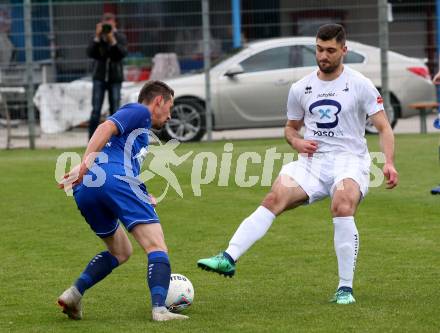 Fussball Kaerntner Liga. SAK gegen ATSV Wolfsberg. Daniel Camber,  (SAK), Patrick Pfennich (Wolfsberg). Klagenfurt, am 3.5.2019. 
Foto: Kuess
---
pressefotos, pressefotografie, kuess, qs, qspictures, sport, bild, bilder, bilddatenbank