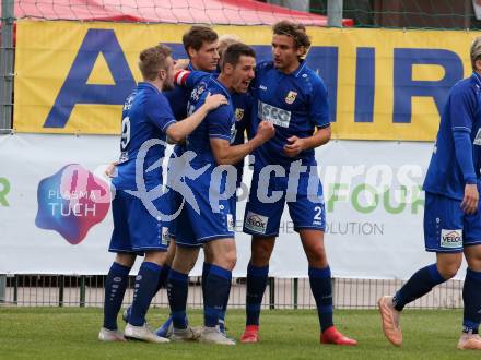 Fussball Kaerntner Liga. SAK gegen ATSV Wolfsberg.  Torjubel Thomas Heine, Marcel Maximilian Stoni, Moritz Guetz, Patrick Pfennich (Wolfsberg). Klagenfurt, am 3.5.2019. 
Foto: Kuess
---
pressefotos, pressefotografie, kuess, qs, qspictures, sport, bild, bilder, bilddatenbank