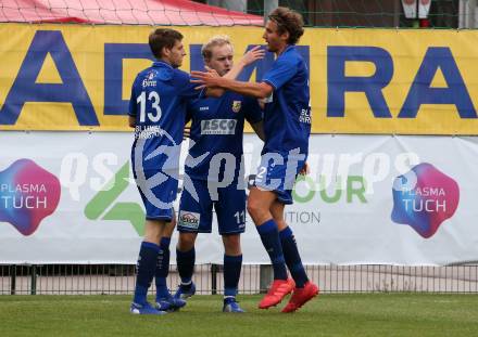 Fussball Kaerntner Liga. SAK gegen ATSV Wolfsberg.  Torjubel Thomas Heine, Marcel Maximilian Stoni, Moritz Guetz (Wolfsberg). Klagenfurt, am 3.5.2019. 
Foto: Kuess
---
pressefotos, pressefotografie, kuess, qs, qspictures, sport, bild, bilder, bilddatenbank