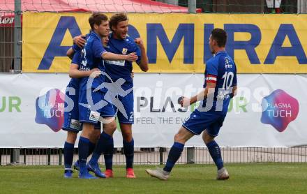 Fussball Kaerntner Liga. SAK gegen ATSV Wolfsberg. Torjubel Thomas Heine, Marcel Maximilian Stoni, Moritz Guetz, Patrick Pfennich (Wolfsberg). Klagenfurt, am 3.5.2019. 
Foto: Kuess
---
pressefotos, pressefotografie, kuess, qs, qspictures, sport, bild, bilder, bilddatenbank