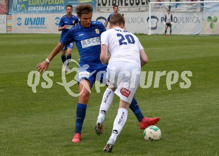 Fussball Kaerntner Liga. SAK gegen ATSV Wolfsberg. Jon Benkovic,  (SAK), Moritz Guetz (Wolfsberg). Klagenfurt, am 3.5.2019. 
Foto: Kuess
---
pressefotos, pressefotografie, kuess, qs, qspictures, sport, bild, bilder, bilddatenbank