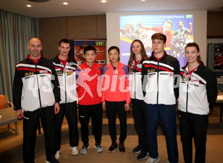 Tischtennis. Pressekonferenz des Oesterreichischen Tischtennisverbandes.  Daniel Habesohn, Stefan Fegerl, Fan Zhendong, Ding Ning, Sofia Polcanova, Andreas Levenko, Karoline Mischek. Egg, Faaker See, 11.4.2019.
Foto: Kuess

---
pressefotos, pressefotografie, kuess, qs, qspictures, sport, bild, bilder, bilddatenbank