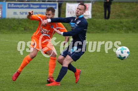 Fussball Unterliga Ost. Ludmannsdorf gegen Eisenkappel. Michael Augustin Jakopitsch,  (Ludmannsdorf), Tilen Vrtacnik  (Eisenkappel). Ludmannsdorf, am 19.5.2018.
Foto: Kuess
---
pressefotos, pressefotografie, kuess, qs, qspictures, sport, bild, bilder, bilddatenbank